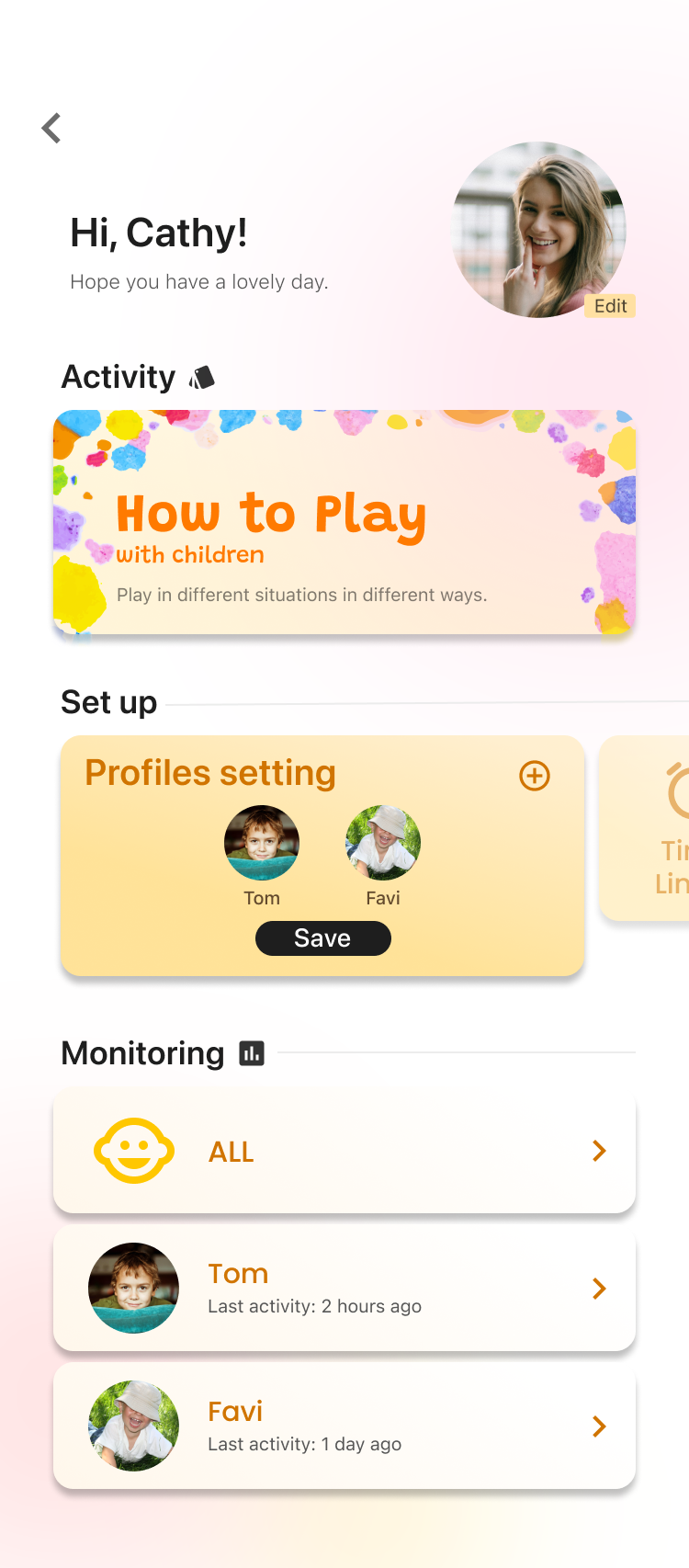 The parent's home screen with activity overview, profile setup, and per-child monitoring
