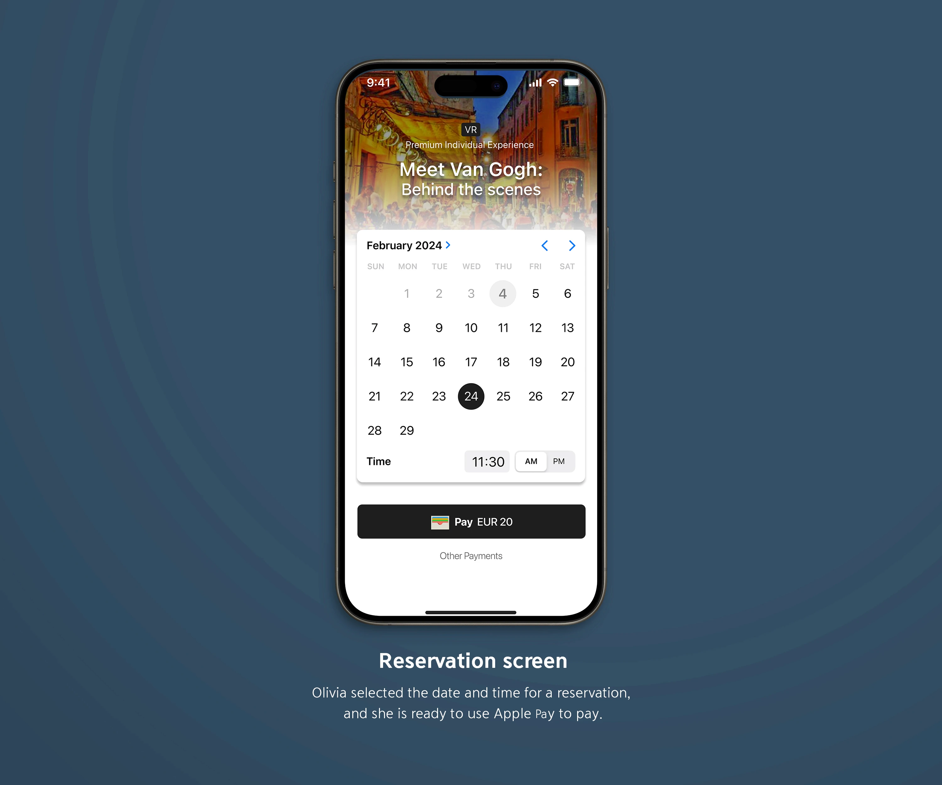 Booking flow with date, time, and one-tap pay