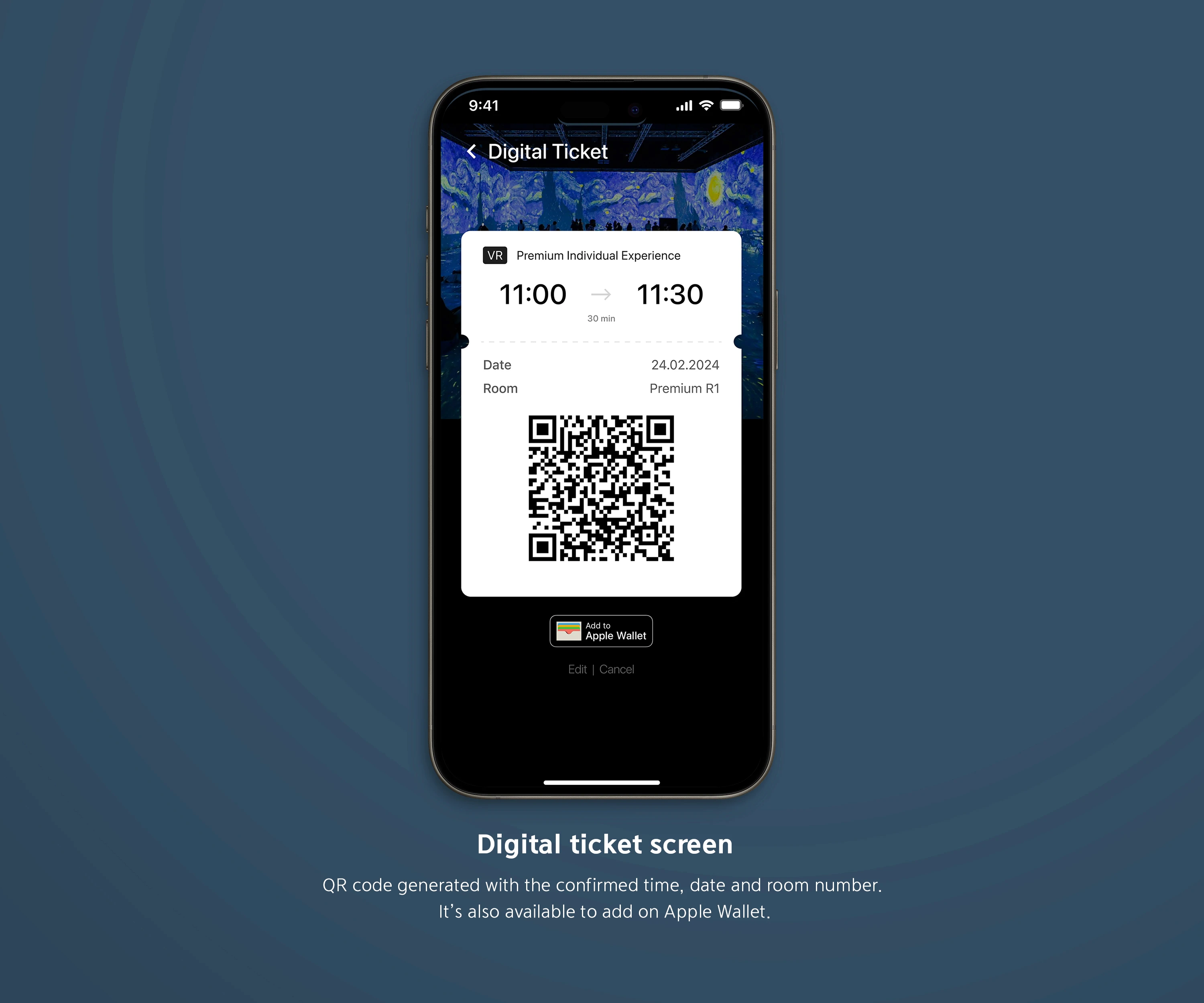 A digital ticket with a QR code, ready for Apple Wallet