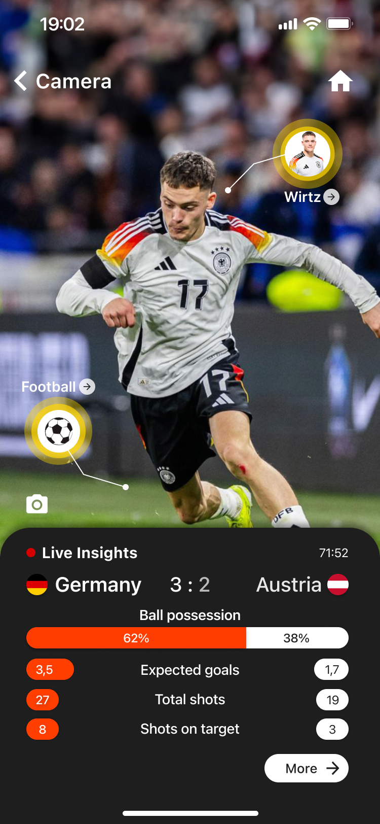 AR view of a live match with live-insight cards overlaid on the camera feed