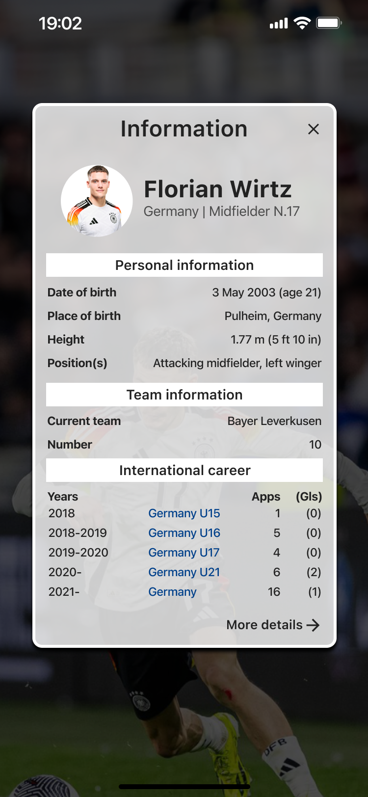 Before: the original player screen crowded with dense stats