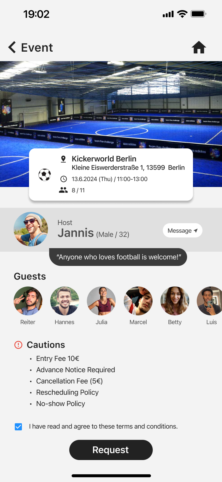 A match-specific community screen for finding people to watch the game with