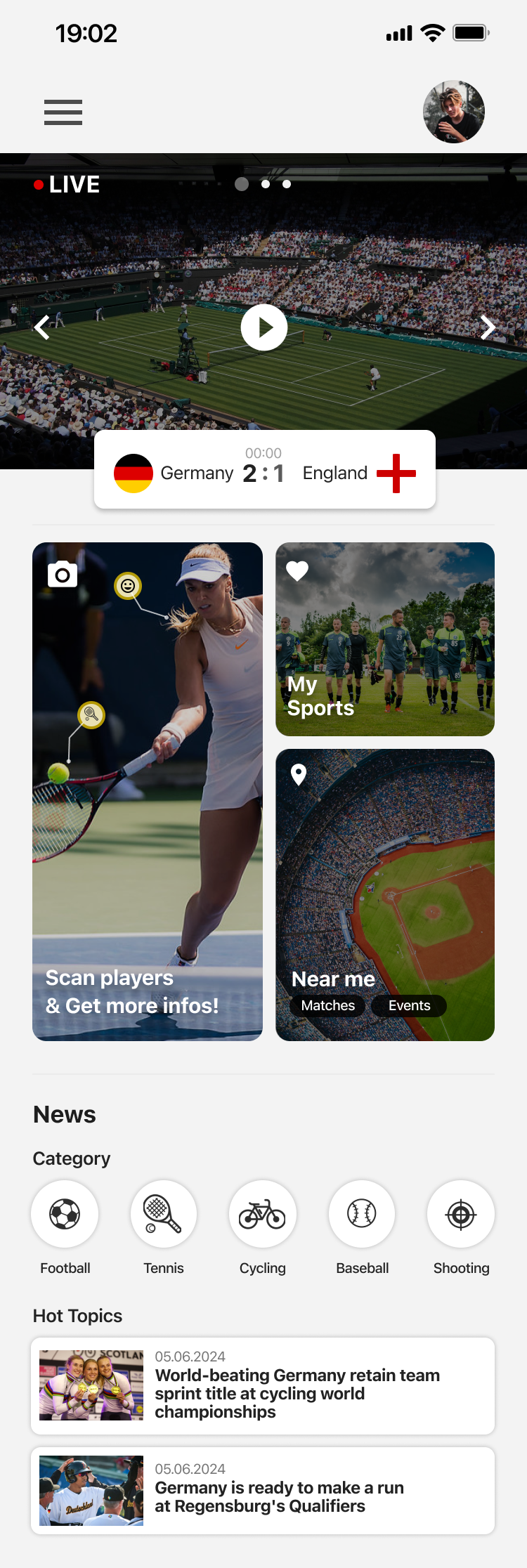 The home screen, structured around the next match rather than an endless feed